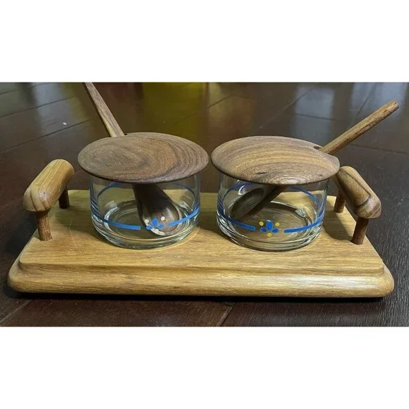 Vintage Teak Wood & Glass Condiment Set With Tray Lids & Spoons by Goodwood - Picture 8 of 10